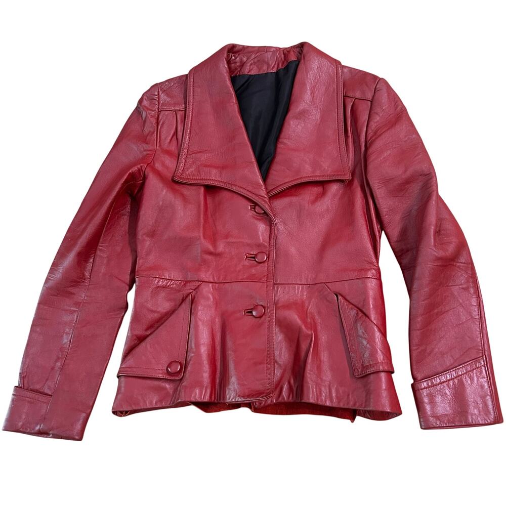 Vintage 1970s Burgundy Genuine Leather Jacket Mod Belted Wide Collar S/M -